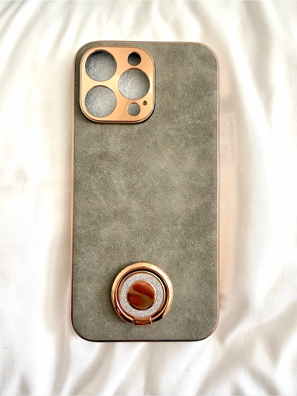 iPhone 14 Max Gray Suede Phone Case with Gold hardware
